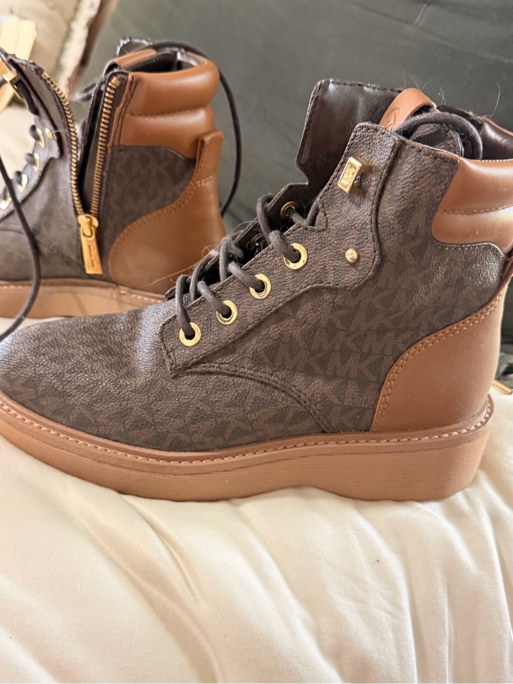 Michael Kors Brown Logo Lace-Up Platform Combat Boots